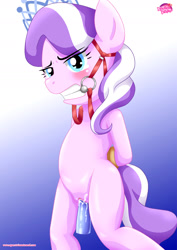 Size: 1300x1837 | Tagged: explicit, artist:bbmbbf, diamond tiara, anthro, arm behind back, banned from derpibooru, bipedal, bit, blushing, bondage, bridle, crying, diamondsub tiara, dildo, equestria untamed, female, femsub, imported from twibooru, lolicon, palcomix, sex toy, solo, solo female, submissive, tack, underage