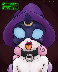 Size: 1220x1500 | Tagged: questionable, artist:smudge proof, sweetie belle, abandon all hope, anthro, banned from derpibooru, breasts, clothes, collar, costume, delicious flat chest, fall of equestria, female, hat, horn, horn ring, imminent rape, imminent sex, implied rape, imported from twibooru, lolicon, magic suppression, mare do well, mask, nipples, nudity, open mouth, oral invitation, partial nudity, ring, solo, solo female, sweetie do well, this will end in rape, tongue out, underage, unicorn