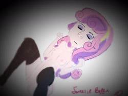 Size: 1280x960 | Tagged: questionable, sweetie belle, banned from derpibooru, clothes, drawing, equestria girls, imported from twibooru, lolicon, nsfw, partial nudity, topless, underage