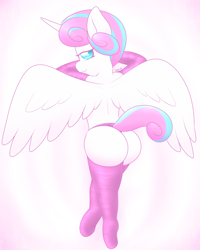 Size: 1000x1250 | Tagged: suggestive, artist:lamia, princess flurry heart, anthro, ass, babycon, banned from derpibooru, butt, clothes, evening gloves, female, flurrybutt, gloves, imported from twibooru, lolicon, long gloves, looking back, panties, smiling, socks, solo, solo female, spread wings, the crystalling, thigh highs, thong, underage, underwear, unguligrade anthro, wings