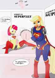 Size: 4169x5906 | Tagged: explicit, artist:ponkpank, apple bloom, applejack, abs, anthro, app-el, banned from derpibooru, bondage, breasts, busty applejack, clothes, costume, dick growth, futa, futa apple bloom, futa applejack, growth, imported from twibooru, intersex, lolicon, muscles, nudity, onahole, penetrable sex toy, penis, penis expansion, precum, sex toy, struggling, superfilly, supermare, sweat, transformation, underage