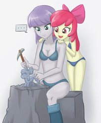 Size: 800x980 | Tagged: suggestive, artist:ta-na, apple bloom, ..., banned from derpibooru, belly button, bra, clothes, duo, edit, equestria girls, female, hearthbreakers, imported from twibooru, lesbian, lolicon, maud pie, maudbloom, panties, rock hammer, shipping, sitting, underage, underwear, underwear edit