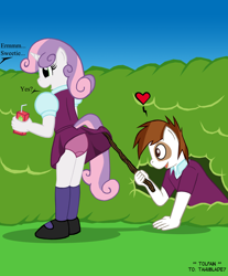Size: 1944x2350 | Tagged: suggestive, artist:tolpain, sweetie belle, anthro, assisted exposure, banned from derpibooru, clothes, dialogue, edit, food, heart, imported from twibooru, juice, juice box, lolicon, mary janes, offscreen character, panties, panty shot, peeping, pipsqueak, purple underwear, school uniform, shoes, skirt, skirt flip, skirt lift, stick, underage, underwear, upskirt