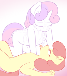 Size: 882x1000 | Tagged: explicit, artist:lamia, apple bloom, sweetie belle, aftersex, anthro, banned from derpibooru, cum, cum on body, earth pony, facial, female, imported from twibooru, lesbian, lolicon, snowballing, underage, unicorn