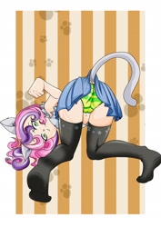 Size: 1602x2266 | Tagged: suggestive, artist:0ryomamikado0, sweetie belle, banned from derpibooru, bent over, body swap, cat ears, cat's delicacy, child, clothes, female, human, humanized, imported from twibooru, kitty belle, lolicon, opalescence, skirt, solo, solo female, stockings, thigh highs, underage