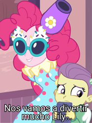 Size: 807x1079 | Tagged: safe, pinkie pie, banned from derpibooru, edit, edited screencap, equestria girls, equestria girls series, female, imported from twibooru, lily pad (equestria girls), lilypie, lolicon, meme, out of context, pinkie sitting, screencap, spanish, stranger danger, this will end in jail time, underage, young