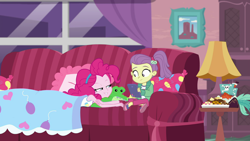 Size: 1920x1080 | Tagged: safe, pinkie pie, banned from derpibooru, bedroom eyes, clothes, couch, duo, duo female, equestria girls, equestria girls series, female, hairband, imported from twibooru, jacket, lily pad (equestria girls), lilypie, lolicon, magical geodes, out of context, pants, pinkie sitting, screencap, side ponytail, smiling, underage, young