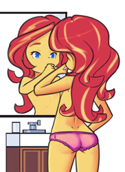 Size: 1152x1584 | Tagged: suggestive, artist:drantyno, child, clothes, equestria girls, human, imported from twibooru, lolicon, looking at mirror, mirror, panties, partial nudity, sunset shimmer, topless, underage, underwear, younger
