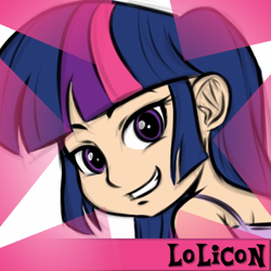 Size: 1024x1024 | Tagged: safe, artist:megasweet, editor:twifag, twilight sparkle, child, clothes, cute, dress, female, grin, happy, head tilt, human, human coloration, humanized, imported from twibooru, lolicon, looking at you, looking back, meta, multi-colored-hair, official spoiler image, pink hair, purple eyes, purple hair, smiling, spoiler image, twibooru, underage