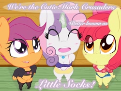 Size: 2048x1536 | Tagged: suggestive, artist:lefthighkick, apple bloom, scootaloo, sweetie belle, series:littlesocks, anthro, banned from derpibooru, bimbo, boots, bow, breasts, chibi, child, clothes, clubhouse, collar, cutie mark crusaders, denim shorts, female, freckles, gap teeth, hair bow, imported from twibooru, jacket, leather jacket, little socks, lolicon, looking at you, missing teeth, older, pencil skirt, plantigrade anthro, shoes, shorts, socks, sweetie bimbo, thigh highs, tooth gap, tube top, underage