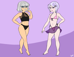 Size: 4500x3500 | Tagged: suggestive, artist:chango-tan, diamond tiara, silver spoon, alternate hairstyle, alternate version, banned from derpibooru, barefoot, belly button, bikini, breasts, clothes, delicious flat chest, duo, duo female, eyeshadow, feet, female, females only, grin, human, human female, humanized, imported from twibooru, lidded eyes, lipstick, lolicon, looking at you, makeup, midriff, nail polish, older, older diamond tiara, older silver spoon, open mouth, panties, simple background, smiling, sports swimsuit, swimsuit, thong, toenail polish, underage, underwear