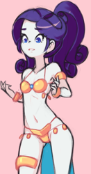 Size: 403x772 | Tagged: suggestive, artist:drantyno, rarity, alternate hairstyle, armlet, banned from derpibooru, belly button, belly dancer, belly dancer outfit, bikini, bracelet, breasts, clothes, equestria girls, female, harem outfit, imported from twibooru, jewelry, leg bracelet, loincloth, lolicon, midriff, panties, revealing clothing, sexy, simple background, slave outfit, solo, solo female, stupid sexy rarity, swimsuit, thong, underage, underwear