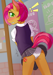 Size: 2550x3600 | Tagged: suggestive, artist:fearingfun, babs seed, absurd resolution, anthro, ass, blushing, blushing profusely, butt, butt freckles, clothes, cute, cutie mark, earth pony, embarrassed, embarrassed underwear exposure, exclamation point, female, freckles, imported from twibooru, lolicon, looking at you, looking back, looking back at you, looking over shoulder, miniskirt, older, older babs seed, panties, pleated skirt, raised tail, school, school uniform, schoolgirl, skirt, skirt lift, solo, solo female, tail, underage, underwear, upskirt, white underwear, written equestrian