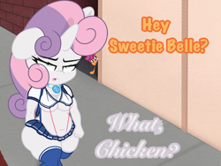 Size: 2048x1536 | Tagged: questionable, artist:lefthighkick, scootaloo, sweetie belle, series:littlesocks, alleyway, anthro, banned from derpibooru, bimbo, breasts, child, chubbie belle, chubby, clothes, collar, explicit source, female, imported from twibooru, little socks, lolicon, miniskirt, plantigrade anthro, pleated skirt, public, school uniform, skirt, slut, socks, sweetie bimbo, thigh highs, thighs, thunder thighs, underage, underboob