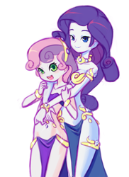 Size: 1152x1584 | Tagged: suggestive, artist:drantyno, rarity, sweetie belle, armlet, banned from derpibooru, belly dancer, belly dancer outfit, belly jewel, bracelet, clothes, duo, equestria girls, female, females only, harem outfit, imported from twibooru, jeweled navel, jewelry, leg bracelet, loincloth, lolicon, necklace, siblings, simple background, sisters, smiling, stupid sexy rarity, underage