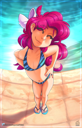 Size: 1365x2129 | Tagged: safe, artist:sugarlesspaints, pinkie pie, banned from derpibooru, belly button, bikini, breasts, clothes, cute, delicious flat chest, diapinkes, explicit source, eye clipping through hair, eyebrows visible through hair, eyes closed, female, footprint, hand on hip, happy, human, humanized, imported from twibooru, lolicon, midriff, nail polish, pixiv, sandals, smiling, solo, swimming pool, swimsuit, toes, underage, young, younger