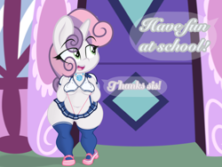 Size: 2048x1536 | Tagged: suggestive, artist:lefthighkick, sweetie belle, series:littlesocks, anthro, banned from derpibooru, bimbo, breasts, child, chubbie belle, chubby, clothes, collar, extra thicc, female, implied rarity, imported from twibooru, little socks, lolicon, mary janes, miniskirt, offscreen character, plantigrade anthro, pleated skirt, school uniform, shoes, skirt, slut, slutty-belle, socks, solo, solo female, sweetie bimbo, thick, thigh highs, underage, unicorn, zettai ryouiki