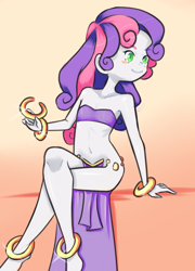 Size: 934x1299 | Tagged: suggestive, artist:drantyno, sweetie belle, banned from derpibooru, barefoot, belly button, belly dancer, belly dancer outfit, blushing, bracelet, breasts, clothes, delicious flat chest, equestria girls, feet, female, flatie belle, harem outfit, imported from twibooru, jewelry, loincloth, lolicon, sitting, smiling, solo, underage