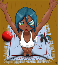 Size: 1900x2100 | Tagged: safe, artist:ruanshi, queen chrysalis, armpits, ball, blushing, child, cute, cutealis, dark skin, female, human, humanized, imported from twibooru, lolicon, solo, toy, underage, upsies, younger