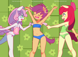 Size: 1584x1152 | Tagged: suggestive, artist:drantyno, apple bloom, scootaloo, sweetie belle, abstract background, anthro, armpits, belly button, blue underwear, blushing, bra, breasts, camisole, child, clothes, cutie mark crusaders, delicious flat chest, earth pony, equestria girls, eyes closed, feather, female, flatie belle, flattle bloom, g4, green underwear, imported from twibooru, laughing, lolicon, midriff, open mouth, panties, pegasus, pink underwear, ponied up, raised leg, scootaflat, smiling, tanktop, tickling, underage, underwear, unicorn