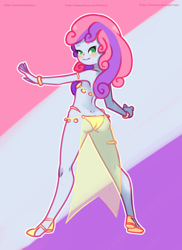 Size: 1152x1584 | Tagged: suggestive, artist:drantyno, sweetie belle, banned from derpibooru, belly dancer, belly dancer outfit, clothes, costume, equestria girls, female, grin, harem outfit, imported from twibooru, lolicon, looking at you, see-through, shoes, smiling, solo, solo female, underage
