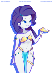 Size: 1152x1584 | Tagged: suggestive, artist:drantyno, rarity, banned from derpibooru, belly button, belly dancer, belly dancer outfit, breasts, colored pupils, equestria girls, female, harem outfit, imported from twibooru, jewelry, jewels, loincloth, lolicon, simple background, slave outfit, small breasts, smiling, solo, tiara, underage, white background
