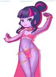 Size: 1152x1584 | Tagged: suggestive, artist:drantyno, twilight sparkle, armpits, banned from derpibooru, belly button, belly dancer, belly dancer outfit, breasts, clothes, delicious flat chest, equestria girls, female, flatlight sparkle, hair bun, harem outfit, imported from twibooru, jewelry, loincloth, lolicon, sci-twi, simple background, small breasts, smiling, solo, solo female, underage