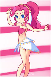 Size: 1080x1620 | Tagged: suggestive, artist:drantyno, pinkie pie, banned from derpibooru, belly button, belly dancer, breasts, colored pupils, delicious flat chest, female, harem outfit, human, humanized, imported from twibooru, lolicon, midriff, solo, underage