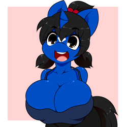 Size: 2000x2000 | Tagged: suggestive, artist:kloudmutt, oc, oc:klodette, anthro, big breasts, breasts, cleavage, female, huge breasts, imported from twibooru, lolicon, oc only, open mouth, oppai loli, smiling, solo, solo female, underage, unicorn