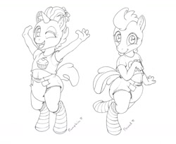 Size: 1280x1046 | Tagged: safe, artist:paddercat, anthro, armpits, banned from derpibooru, cake twins, clothes, cute, diaper, female, foal, fraternal twins, imported from twibooru, lolicon, looking at you, male, monochrome, one eye closed, open mouth, open smile, pegasus, poofy diaper, pound cake, pumpkin cake, shirt, shotacon, siblings, smiling, sock, socks, striped socks, toddler, tongue out, twins, underage, unguligrade anthro, unicorn, wink