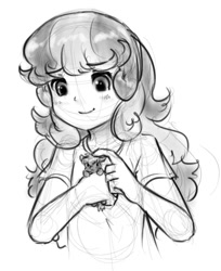 Size: 360x441 | Tagged: safe, artist:alloyrabbit, button mash, sweetie belle, child, female, giantess, human, humanized, imported from twibooru, lolicon, macro, monochrome, petting, sketch, underage, young