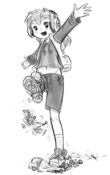 Size: 590x940 | Tagged: safe, artist:alloyrabbit, belly button, child, clothes, crushing, destruction, female, fetish, giantess, grayscale, headphones, human, humanized, imported from twibooru, lolicon, macro, midriff, monochrome, open mouth, shoes, shorts, size difference, sneakers, sneakers fetish, socks, solo, underage, vehicle, vinyl scratch, young