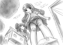 Size: 1271x919 | Tagged: suggestive, artist:alloyrabbit, apple bloom, sweetie belle, belly button, boots, child, clothes, female, frilly underwear, giantess, human, humanized, imported from twibooru, lolicon, macro, monochrome, panties, panty shot, ponyville, shoes, skirt, underage, underwear, upskirt, young
