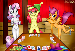 Size: 2163x1460 | Tagged: explicit, artist:anibaruthecat, apple bloom, princess celestia, princess luna, scootaloo, sweetie belle, annoyed, anthro, anus, armpits, banned from derpibooru, belly button, blank flank, bow, bra, breasts, butt, card, clothes, cutie mark crusaders, delicious flat chest, female, flatie belle, flattle bloom, frilly underwear, imported from twibooru, lolicon, nipples, nudity, offscreen character, panties, panties around leg, panties pulled down, pov, princess cadance, princess molestia, ribbon, scootabutt, scootaflat, strip poker, stripping, underage, underwear, undressing, vulva