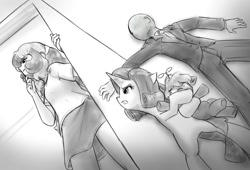 Size: 1361x927 | Tagged: safe, artist:alloyrabbit, button mash, rarity, sweetie belle, oc, oc:anon, child, female, giantess, hide and seek, hiding, human, humanized, imported from twibooru, lolicon, macro, micro, size difference, underage, unicorn, young