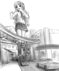 Size: 1103x1328 | Tagged: safe, artist:alloyrabbit, sweetie belle, bus, car, child, city, destruction, female, giantess, grayscale, human, humanized, imported from twibooru, lolicon, macro, monochrome, solo, train, underage, wavy mouth, worried, young
