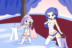 Size: 1800x1200 | Tagged: suggestive, artist:drantyno, rarity, sweetie belle, banned from derpibooru, belly button, breasts, clothes, delicious flat chest, dress, female, flatie belle, frilly underwear, human, humanized, imported from twibooru, lolicon, panties, thigh highs, underage, underwear, white underwear