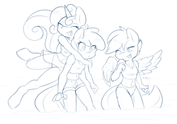 Size: 4872x3424 | Tagged: suggestive, artist:ambris, apple bloom, scootaloo, sweetie belle, anthro, belly button, bikini, breasts, clothes, cute, cutie mark crusaders, delicious flat chest, flattle bloom, imported from twibooru, lineart, lolicon, midriff, monochrome, scootaflat, swimsuit, twilight time, underage, unguligrade anthro