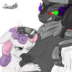 Size: 1000x1000 | Tagged: explicit, artist:xanthor, sweetie belle, anthro, balls, blowjob, female, floppy ears, glare, grin, horsecock, imported from twibooru, king sombra, leaning, lolicon, male, nudity, oral, penis, smiling, sombrabelle, straight, underage, wink
