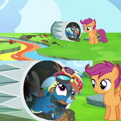 Size: 2880x2880 | Tagged: safe, editor:ebotizer, rainbow dash, scootaloo, clothes, derp, duo, duo female, edit, edited screencap, female, filly, foal, g4, goggles, goggles on head, imported from derpibooru, looking at someone, mare, messy, my little pony: friendship is magic, newbie dash, outdoors, pegasus, pony, rainbow crash, rainbow river, river, screencap, scrunchy face, trash can, uniform, water, wonderbolts uniform