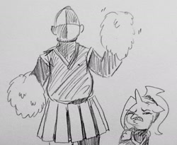 Size: 2020x1654 | Tagged: safe, artist:pony quarantine, oc, oc:dyx, oc:ponyquarantine, alicorn, cheerleader, cheerleader outfit, clothes, cringing, crossdressing, disgusted, duo, duo male and female, female, filly, foal, grayscale, human, imported from derpibooru, male, monochrome, oc only, pencil drawing, pom pom, pony, traditional art