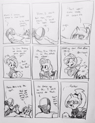 Size: 2271x2922 | Tagged: safe, artist:pony quarantine, oc, oc:dyx, oc:ponyquarantine, series:pq funnies, alicorn, butt shake, cheerleader, cheerleader outfit, clothes, comic, comic strip, dialogue, dyx is not amused, earth pony, female, filly, foal, g4, grayscale, human, imported from derpibooru, lighthoof, male, mare, monochrome, narrowed eyes, pencil drawing, pom pom, pony, shimmy shake, traditional art, unamused, vulgar