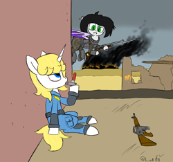 Size: 1600x1500 | Tagged: safe, artist:lurk1911, oc, oc:lore nook, oc:sunlight, bat pony, clothes, colt, drug use, drugs, duo, duo male and female, fallout, female, fire, flying, foal, gun, horn, imported from derpibooru, looking at someone, male, mare, no catchlights, oc only, outdoors, overcast, signature, sitting, smoke, unicorn, weapon, wings