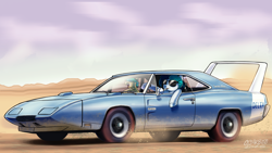 Size: 3840x2160 | Tagged: safe, artist:ostarbito, oc, oc:apogee, oc:delta vee, car, cigarette, desert, dodge charger, dodge charger daytona, female, filly, foal, imported from derpibooru, mare, mopar, muscle car, outdoors, racecar, smoking, vehicle