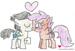 Size: 1081x739 | Tagged: safe, artist:amyandluigifan, scootaloo, blushing, cheek kiss, colt, duo, duo male and female, female, filly, foal, g4, heart, imported from derpibooru, kissing, male, pegasus, raised hoof, rumble, ship:rumbloo, shipping, simple background, straight, white background