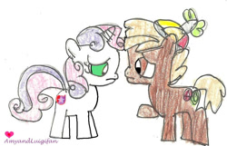 Size: 962x620 | Tagged: safe, artist:amyandluigifan, button mash, sweetie belle, colt, duo, duo male and female, earth pony, female, filly, foal, frown, g4, horn, imported from derpibooru, male, raised hoof, simple background, unicorn, white background