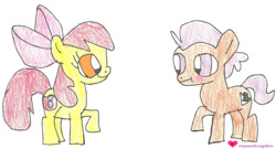 Size: 1217x657 | Tagged: safe, artist:amyandluigifan, apple bloom, colt, duo, duo male and female, female, filly, foal, g4, imported from derpibooru, male, raised hoof, simple background, tender taps, white background