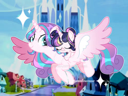 Size: 749x562 | Tagged: safe, artist:auroraskylineyt, artist:rynnlvansa, princess flurry heart, oc, oc:qhazira evelyna sparkle, alicorn, baby, baby pony, cousins, female, filly, foal, g4, imported from derpibooru, mare, offspring, older, older flurry heart, outdoors, parent:flash sentry, parent:twilight sparkle, parents:flashlight, pony