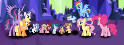 Size: 1280x470 | Tagged: safe, artist:lovlyseasparkleyt, applejack, fluttershy, pinkie pie, rainbow dash, rarity, twilight sparkle, oc, oc:apple melodyna, oc:crystal violet, oc:flower shy, oc:lulu pie, oc:nova star sentry, oc:rainbolt, alicorn, earth pony, female, filly, foal, g4, horn, hybrid, imported from derpibooru, interspecies offspring, mane six, mare, offspring, older, older applejack, older fluttershy, older mane six, older pinkie pie, older rainbow dash, older rarity, older twilight, parent:applejack, parent:caramel, parent:cheese sandwich, parent:discord, parent:fancypants, parent:flash sentry, parent:fluttershy, parent:pinkie pie, parent:rainbow dash, parent:rarity, parent:soarin', parent:twilight sparkle, parents:carajack, parents:cheesepie, parents:discoshy, parents:flashlight, parents:raripants, parents:soarindash, pegasus, pony, unicorn