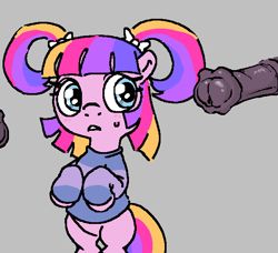 Size: 623x567 | Tagged: explicit, artist:myra, oc, oc:twin tails, bipedal, blue eyes, clothes, disembodied penis, female, filly, foal, foalcon, genitals, horsecock, imminent foalcon, imported from derpibooru, male, multicolored hair, multicolored mane, multicolored tail, nudity, oc only, offscreen character, offscreen male, pegasus, pegasus oc, penis, pigtails, pink coat, pony, simple background, sweat, sweater, tail, transparent background